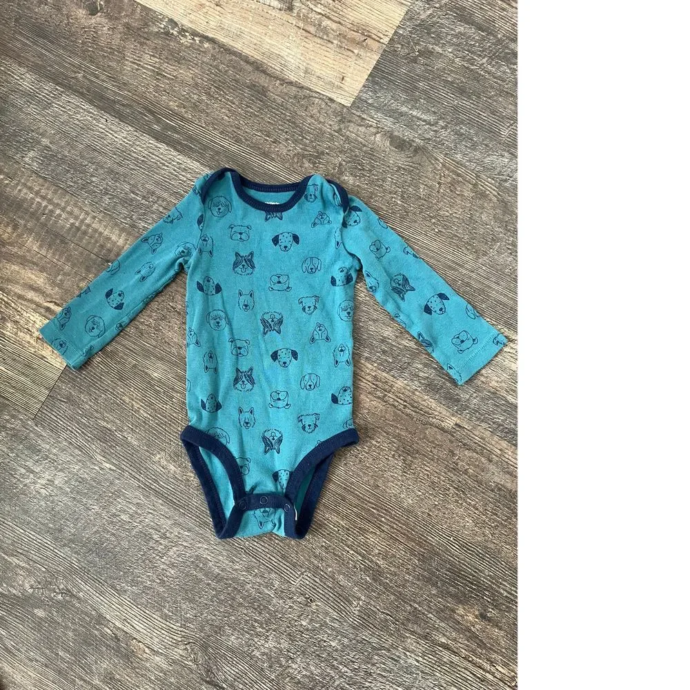 Adorable Turquoise Animal Print Long Sleeve Baby Bodysuit with Dog & Cat Pattern